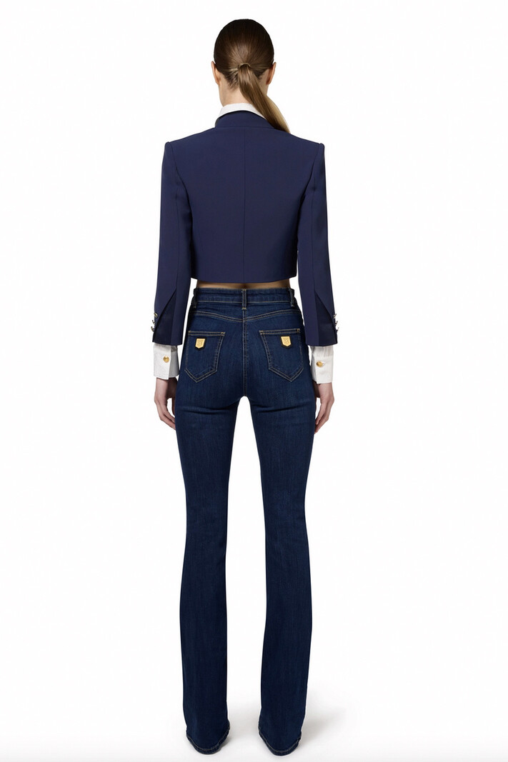 ELISABETTA FRANCHI Elisabetta Franchi flaired jeans met logo plaatjes op achterzijde vd jeans Blauw