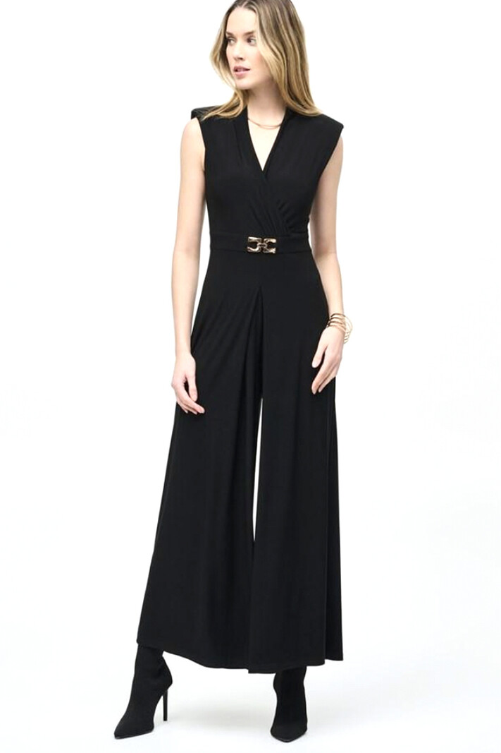 JOSEPH RIBKOFF Joseph Ribkoff sleeveless jumpsuit with gold logo at waist Black