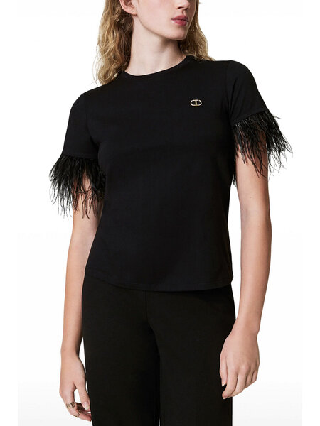 TWINSET Twinset tshirt with feathers BLACK