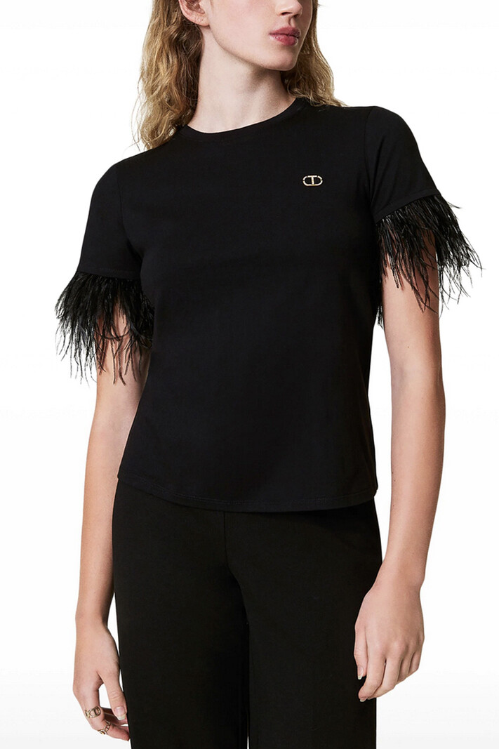 TWINSET Twinset tshirt with feathers BLACK