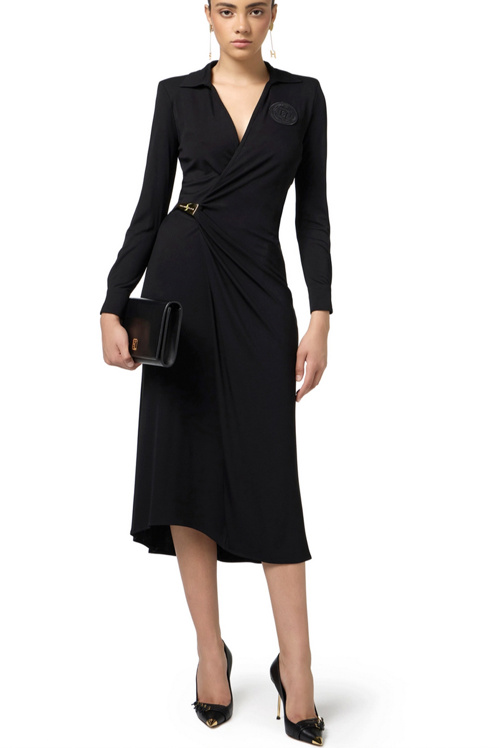 ELISABETTA FRANCHI Elisabetta Franchi overslag jurk met gouden detail in taille Zwart AB69647E2