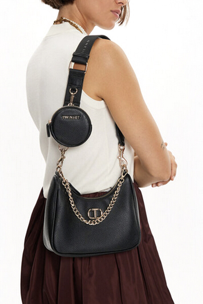 TWINSET Twinset bag with chain, mini wallet and wide shoulder strap BLACK