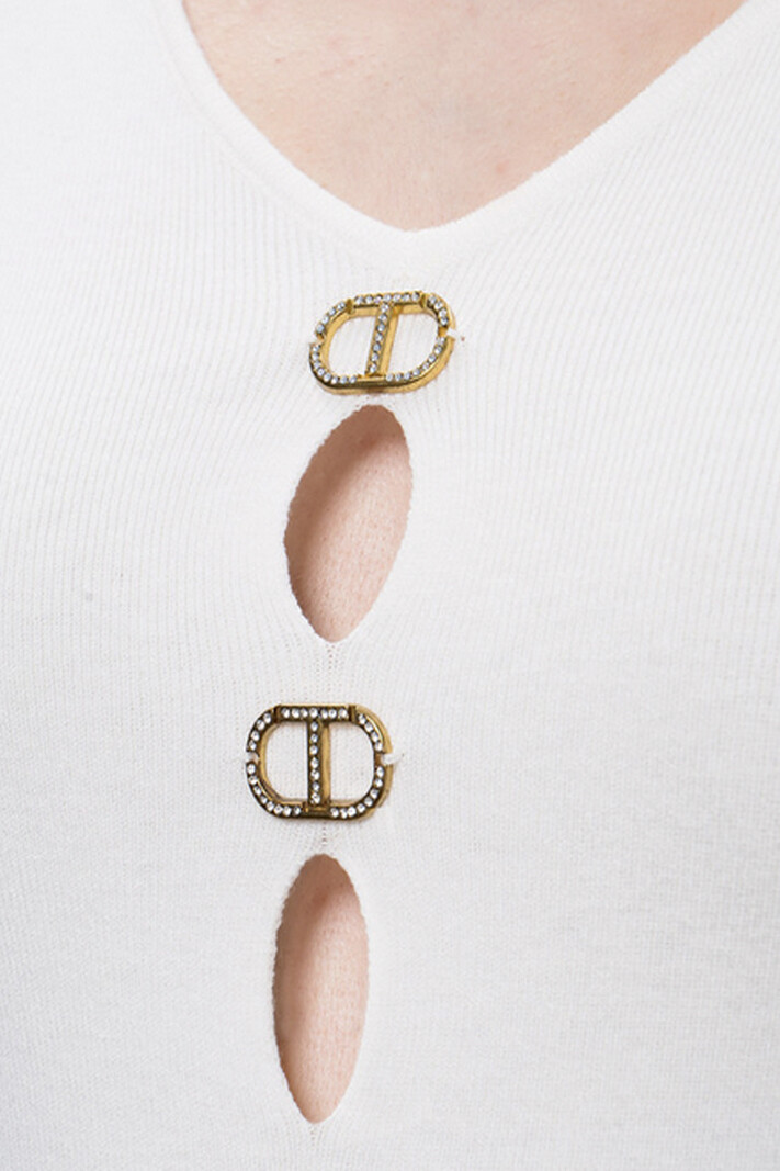 TWINSET Twinset knitted top with gold logo and V neckline cream WHITE ( can be worn on both sides)