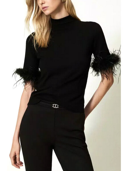 TWINSET Twinset knitted top with feathers BLACK ( feathers can be unbuttoned)