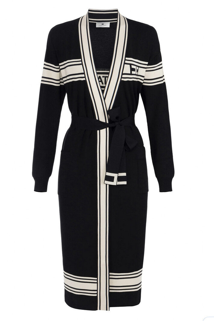ELISABETTA FRANCHI Elisabetta Franchi lang vest met stoffen riem en logo op rug WIT / ZWART