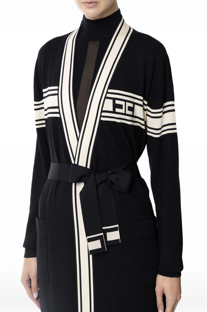 ELISABETTA FRANCHI Elisabetta Franchi lang vest met stoffen riem en logo op rug WIT / ZWART