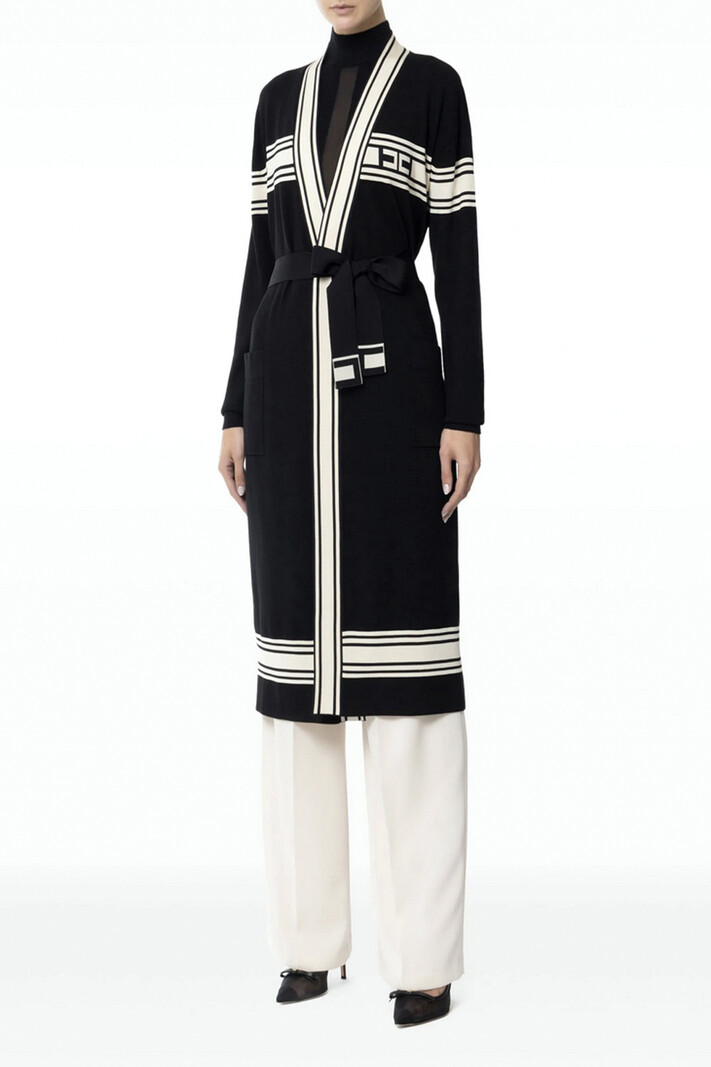 ELISABETTA FRANCHI Elisabetta Franchi lang vest met stoffen riem en logo op rug WIT / ZWART
