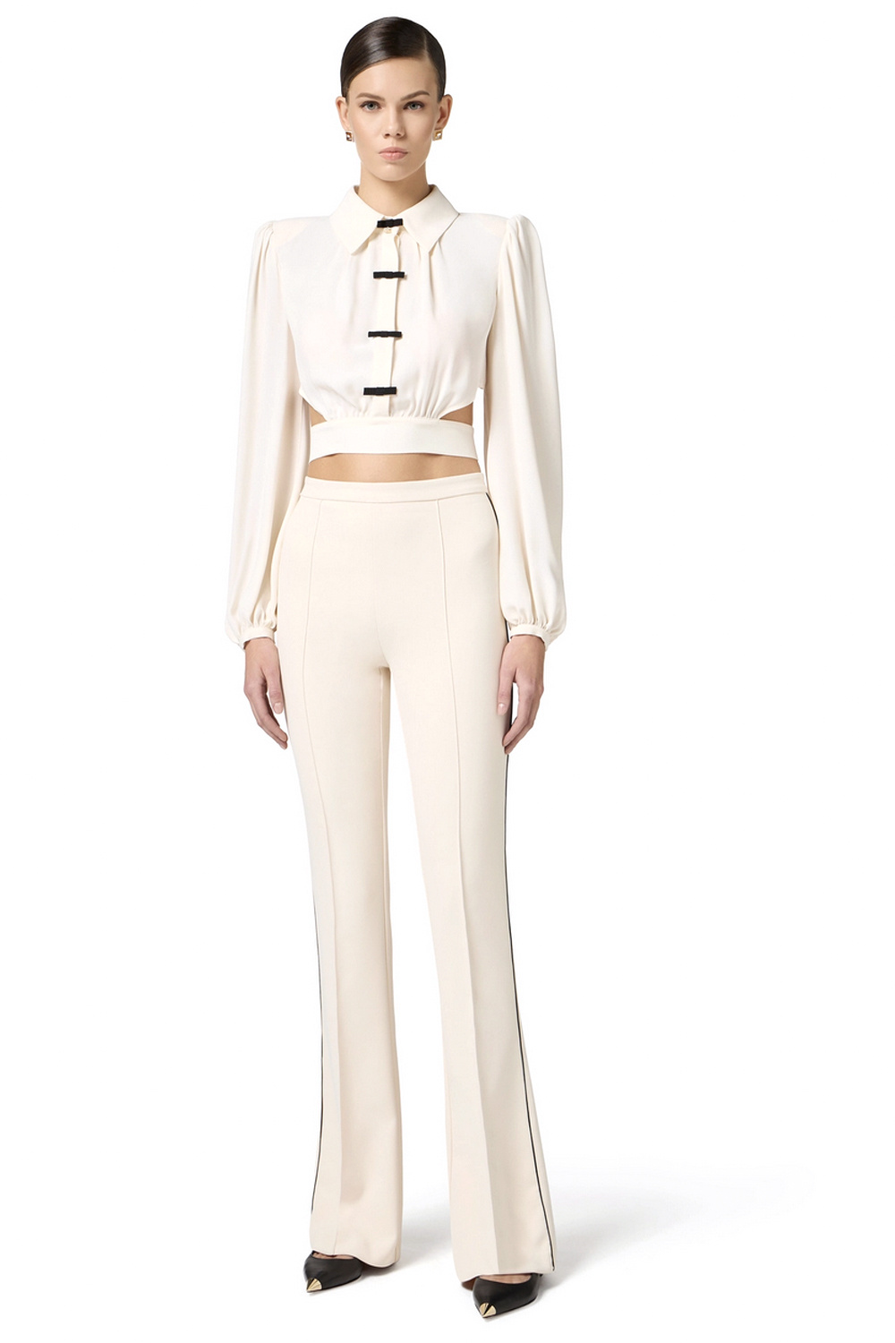ELISABETTA FRANCHI Elisabetta Franchi trousers with black piping and embroidered logo cream WHITE