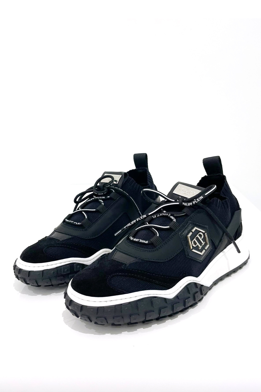 Z (S(UPER SALE Philipp plein sneaker stof met zillver logo plaatje en PP-logo Zwart