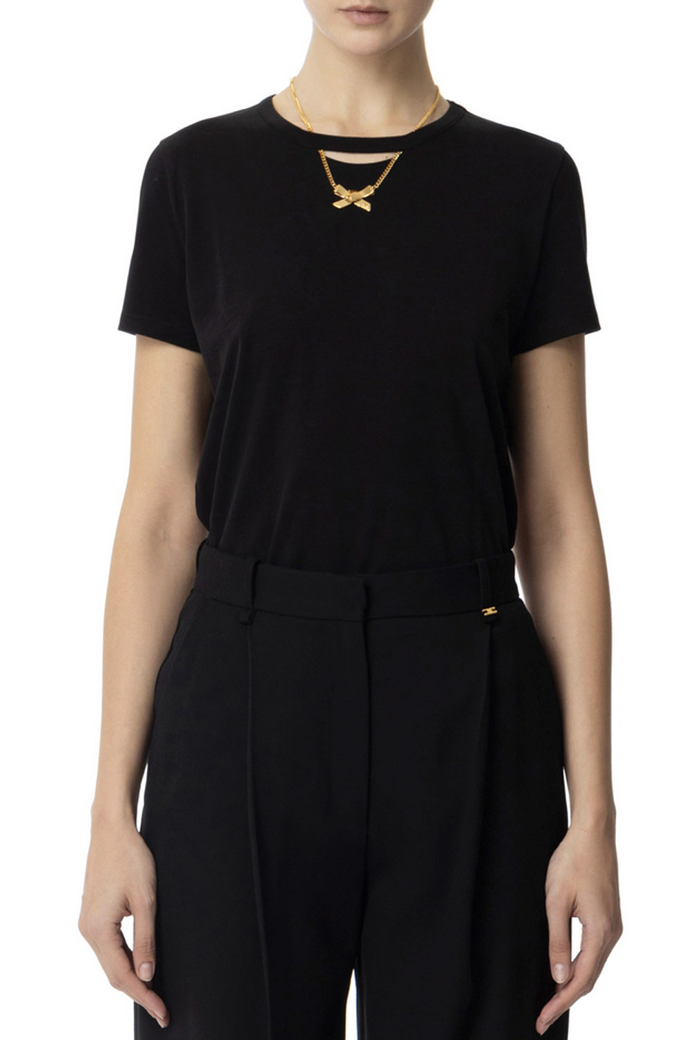 ELISABETTA FRANCHI Elisabetta Franchi T-shirt met ketting met strikje ZWART