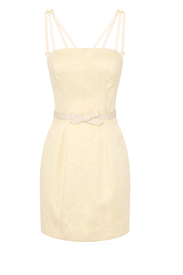 ELISABETTA FRANCHI Elisabetta Franchi jurk met strikjesbij schouderband en in ceintuur Lemonade GEEL
