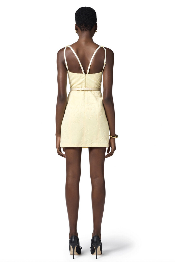 ELISABETTA FRANCHI Elisabetta Franchi jurk met strikjesbij schouderband en in ceintuur Lemonade GEEL