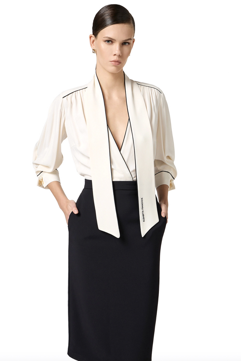 ELISABETTA FRANCHI Elisabetta Franchi jurk met sjaal en logo geborduurd wit met ZWART