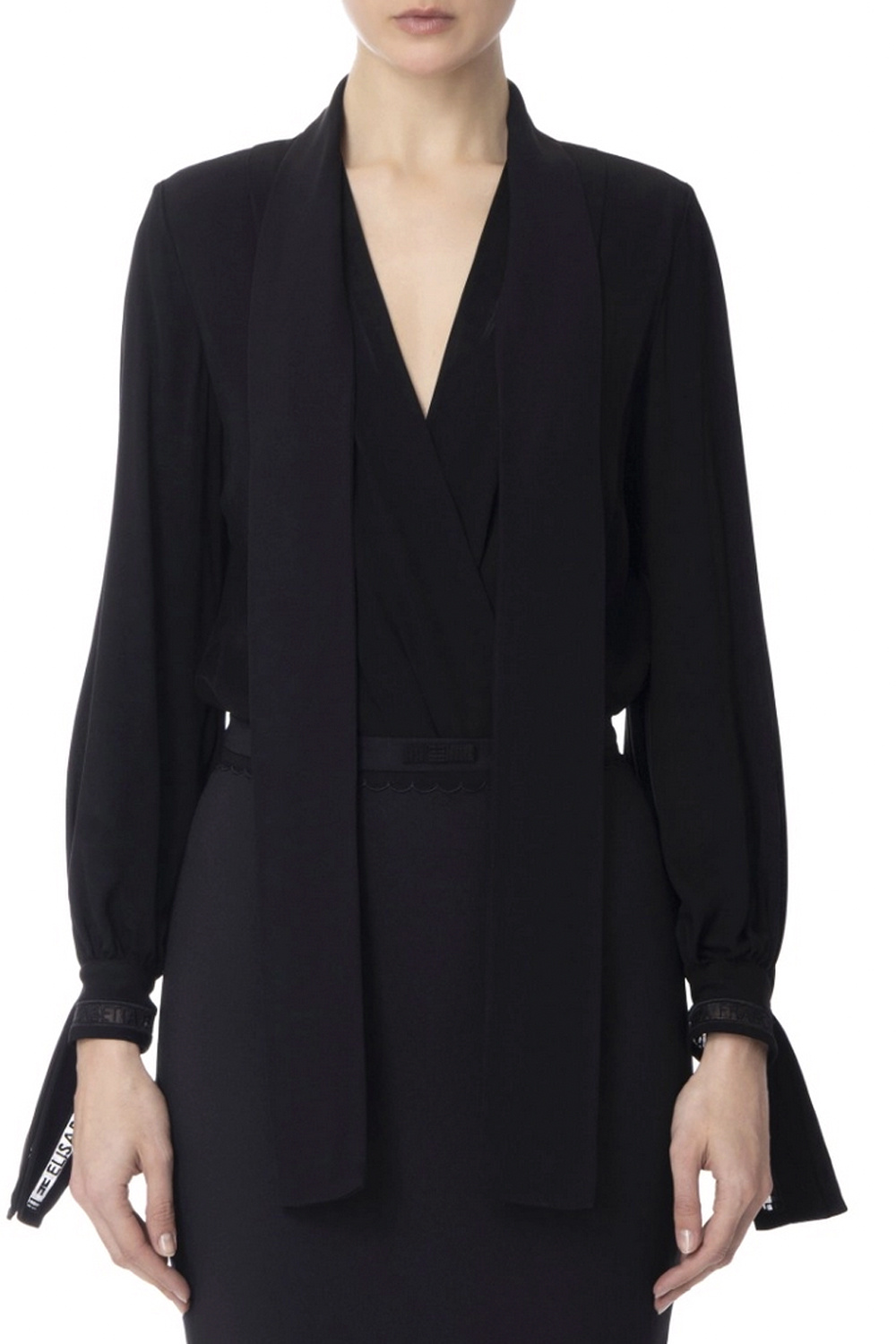 ELISABETTA FRANCHI Elisabetta Franchi body blouse met v-hals en strik, logoletters mouw detail ZWART
