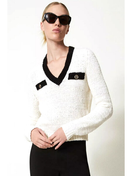 TWINSET Twinset knit sweater with v-neck and BLACK piping cream WHITE