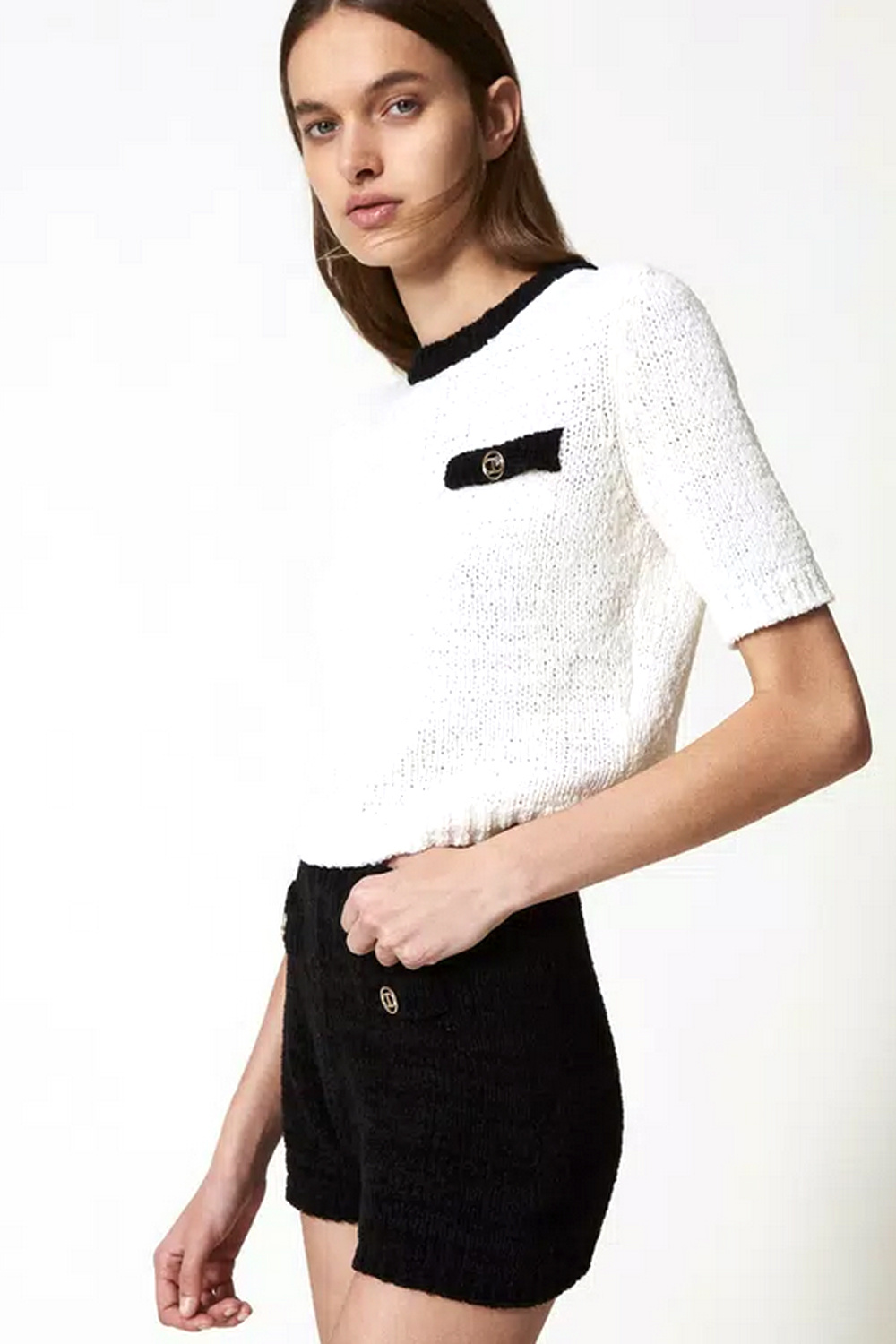 TWINSET Twinset knit top with BLACK piping and logo cream WHITE