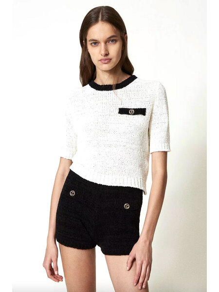 TWINSET Twinset knit top with BLACK piping and logo cream WHITE