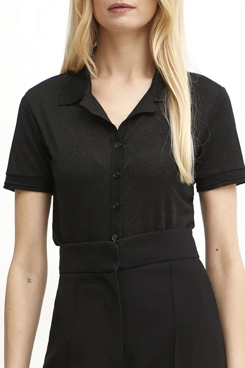 PATRIZIA PEPE Patrizia Pepe polo shirt met kraag en knopen in zwart stof, glitter logo op borst ZWART
