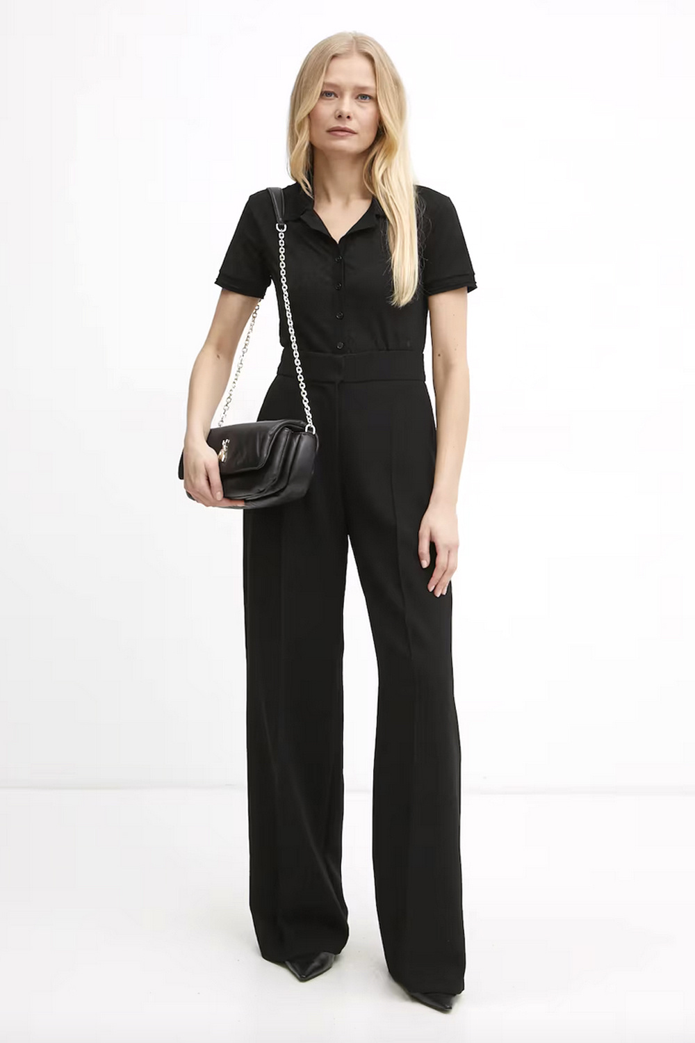 PATRIZIA PEPE Patrizia Pepe polo shirt met kraag en knopen in zwart stof, glitter logo op borst ZWART