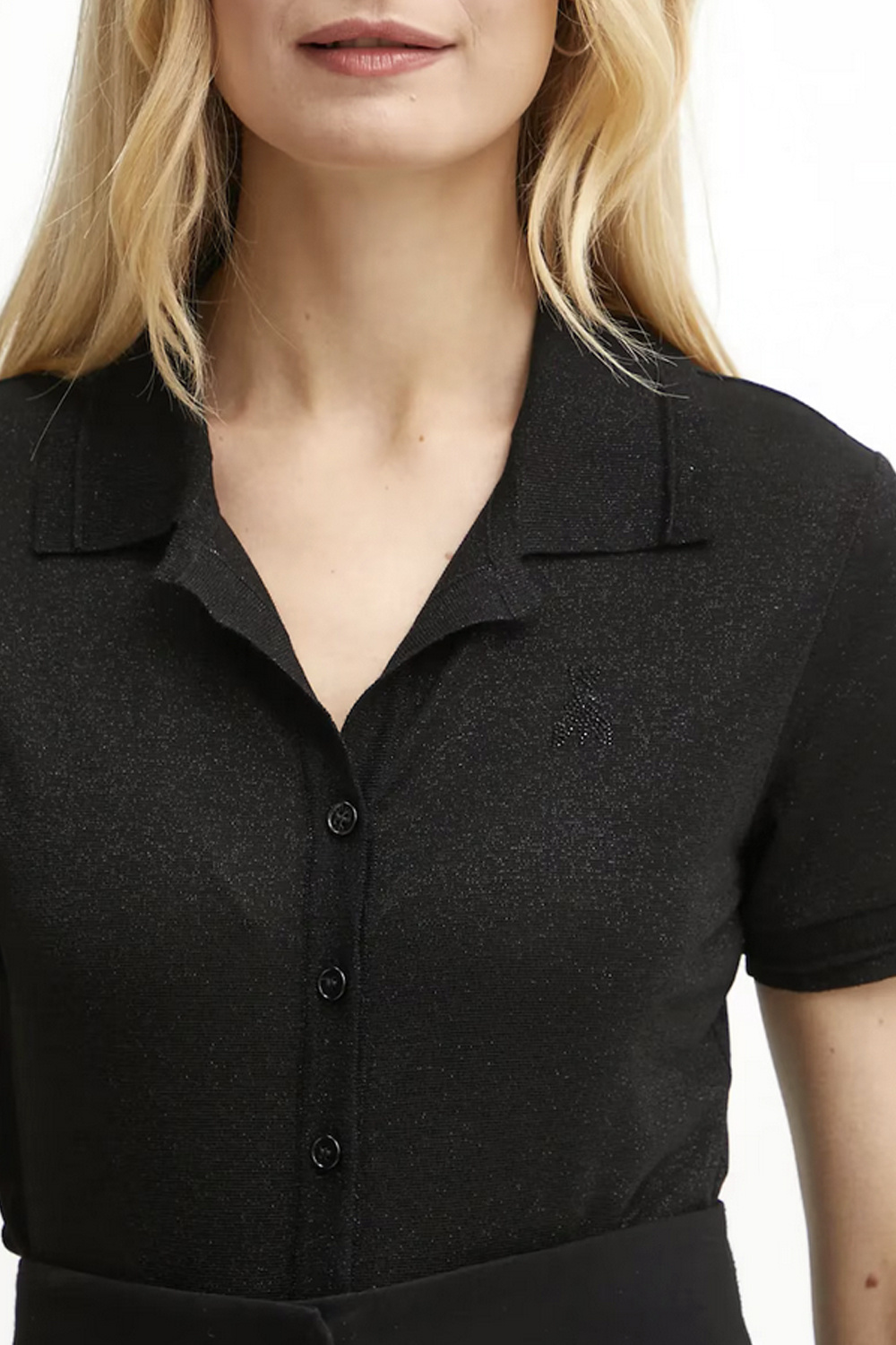 PATRIZIA PEPE Patrizia Pepe polo shirt met kraag en knopen in zwart stof, glitter logo op borst ZWART