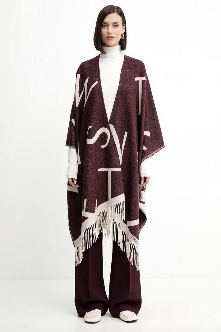 TWINSET Twinset poncho met logo letters winetas / BORDEAUX ROOD
