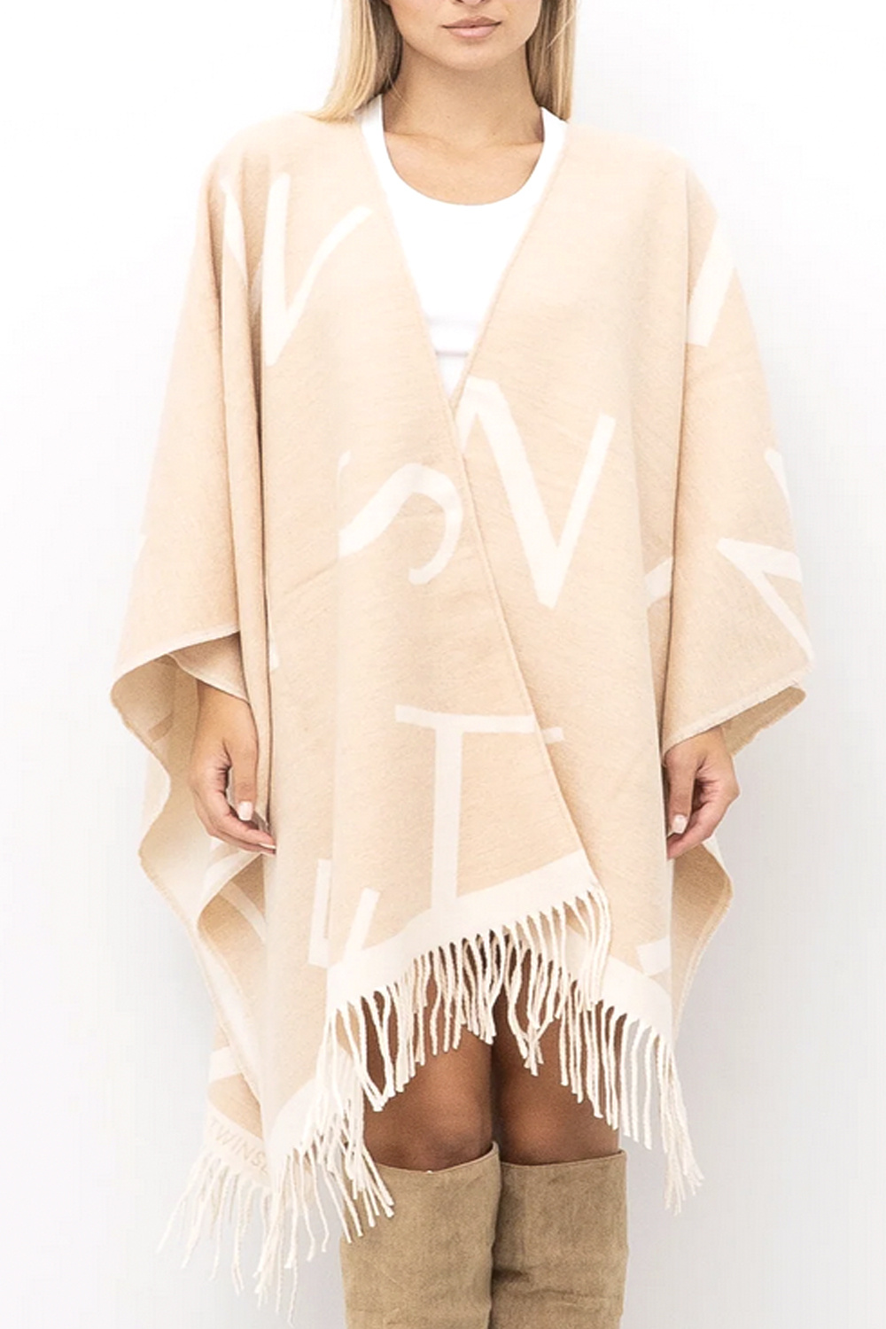 TWINSET Twinset poncho with white logo letters light BEIGE