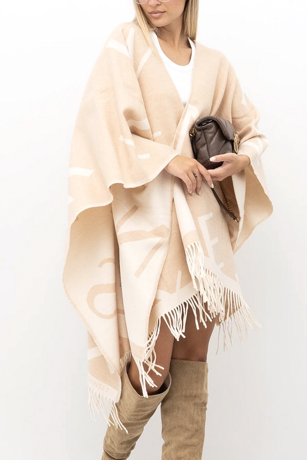 TWINSET Twinset poncho with white logo letters light BEIGE