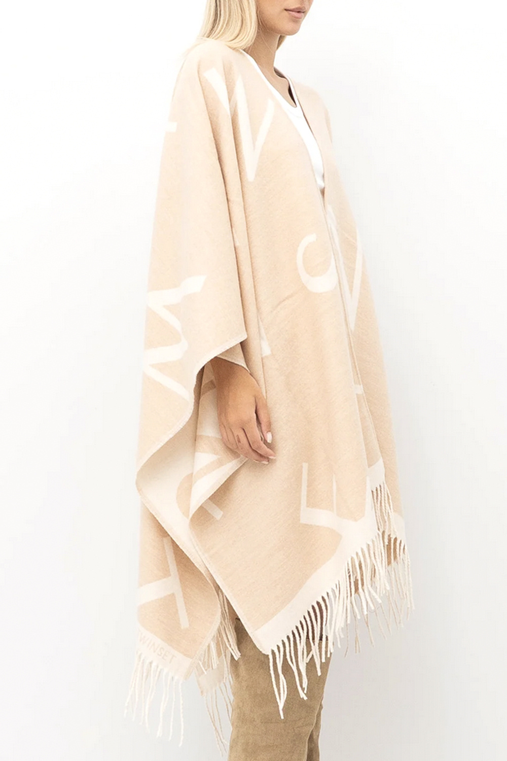 TWINSET Twinset poncho with white logo letters light BEIGE