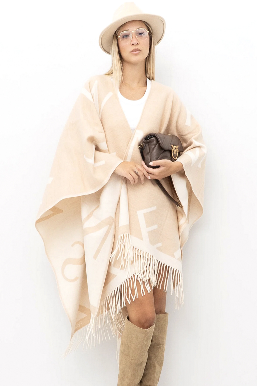 TWINSET Twinset poncho with white logo letters light BEIGE