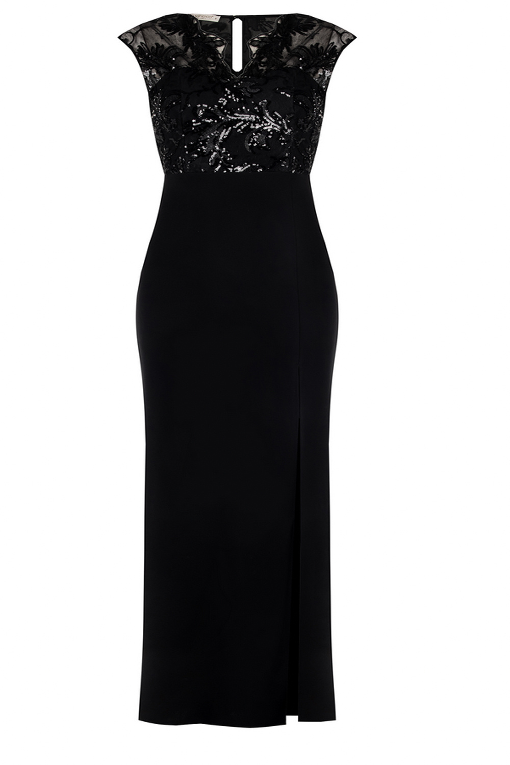 RINASCIMENTO Rinascimento jurk met split en boverzijde kant met pailleten ZWART