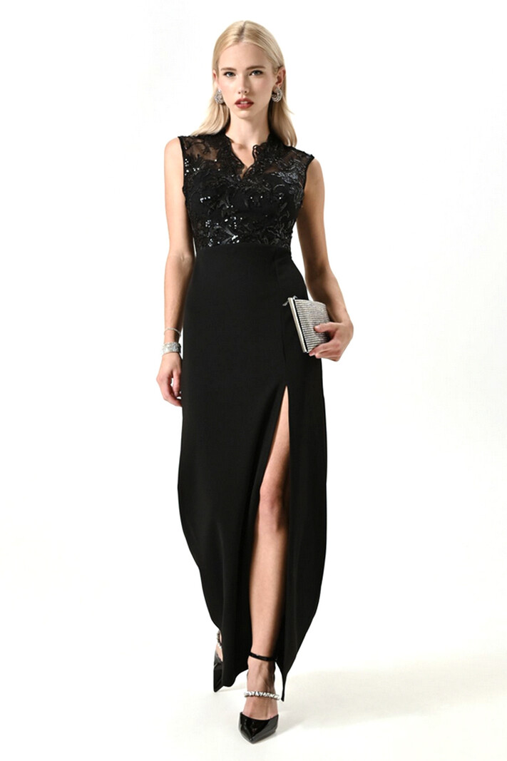 RINASCIMENTO Rinascimento dress with slit and lace top with sequins BLACK