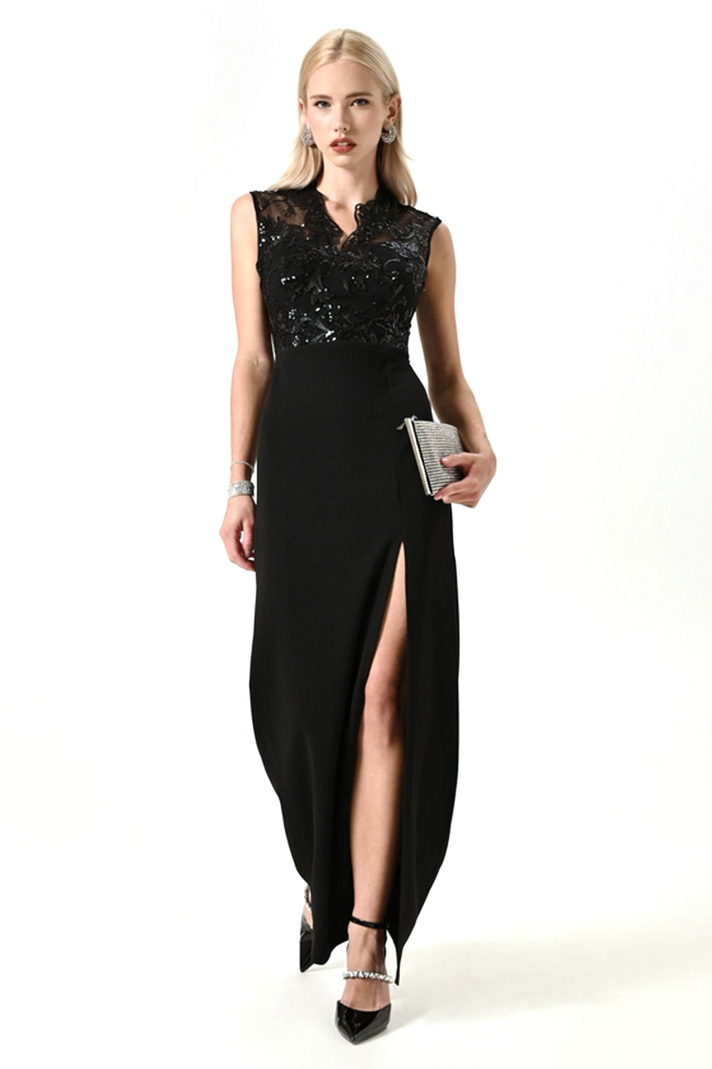 RINASCIMENTO Rinascimento jurk met split en boverzijde kant met pailleten ZWART