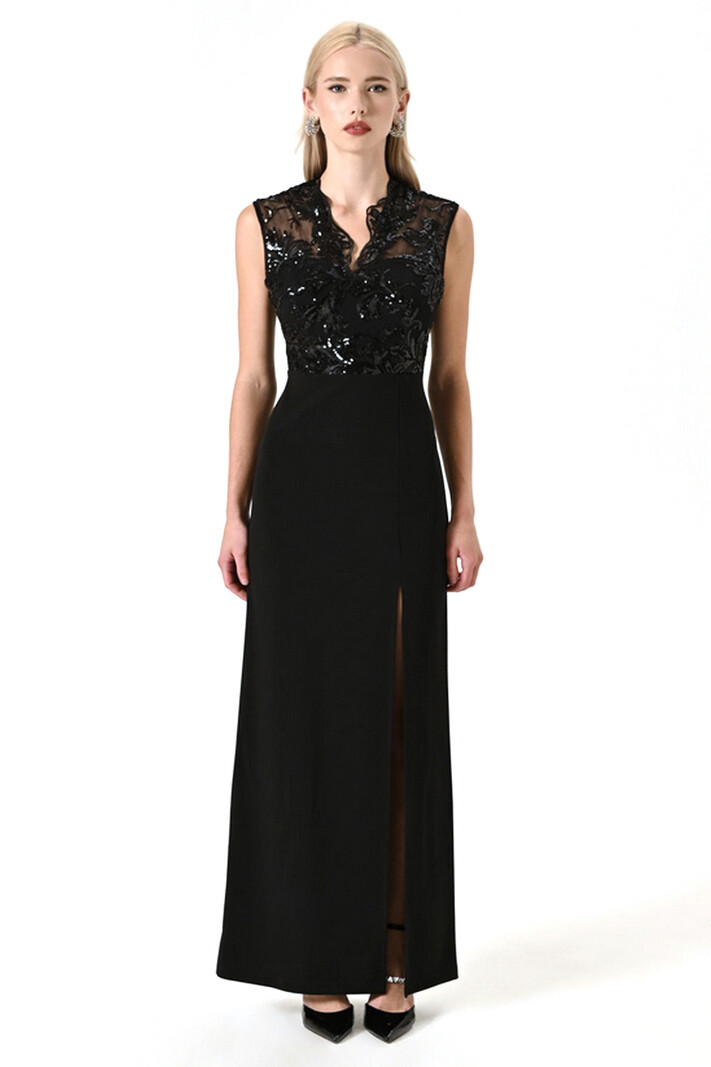RINASCIMENTO Rinascimento dress with slit and lace top with sequins BLACK