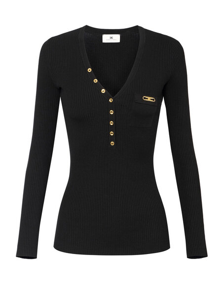 ELISABETTA FRANCHI Elisabetta Franchi ribbed top with V-neck, chest pocket, and gold details in Black