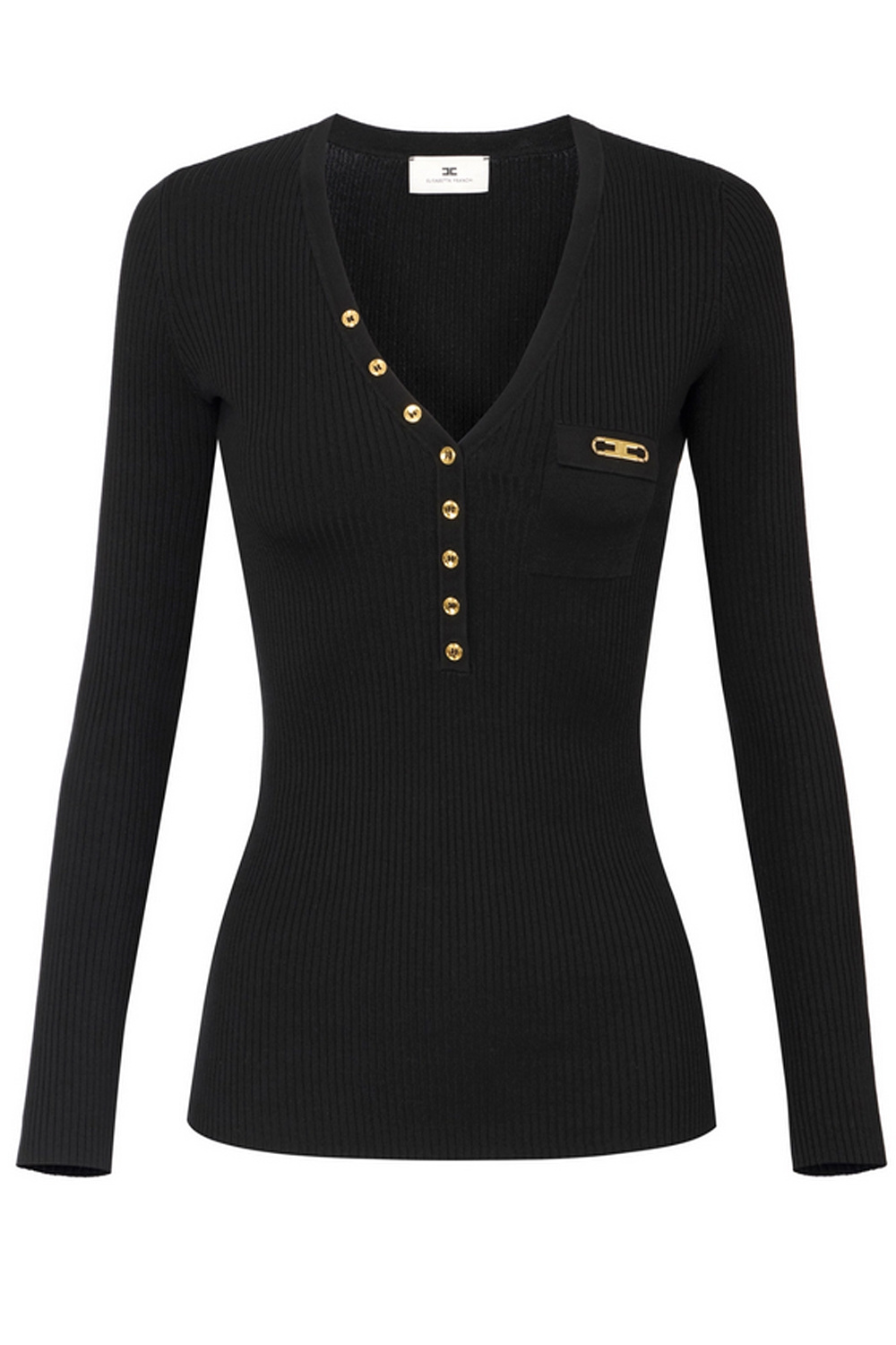 ELISABETTA FRANCHI Elisabetta Franchi ribbed top with V-neck, chest pocket, and gold details in Black