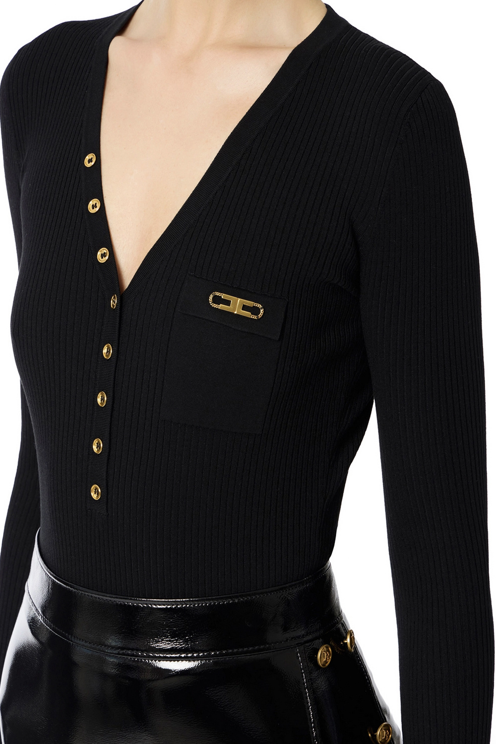ELISABETTA FRANCHI Elisabetta Franchi ribbed top with V-neck, chest pocket, and gold details in Black