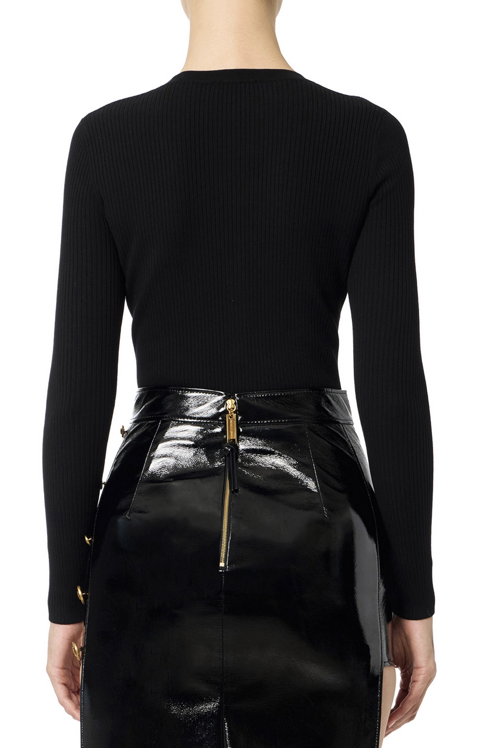 ELISABETTA FRANCHI Elisabetta Franchi ribbed top with V-neck, chest pocket, and gold details in Black