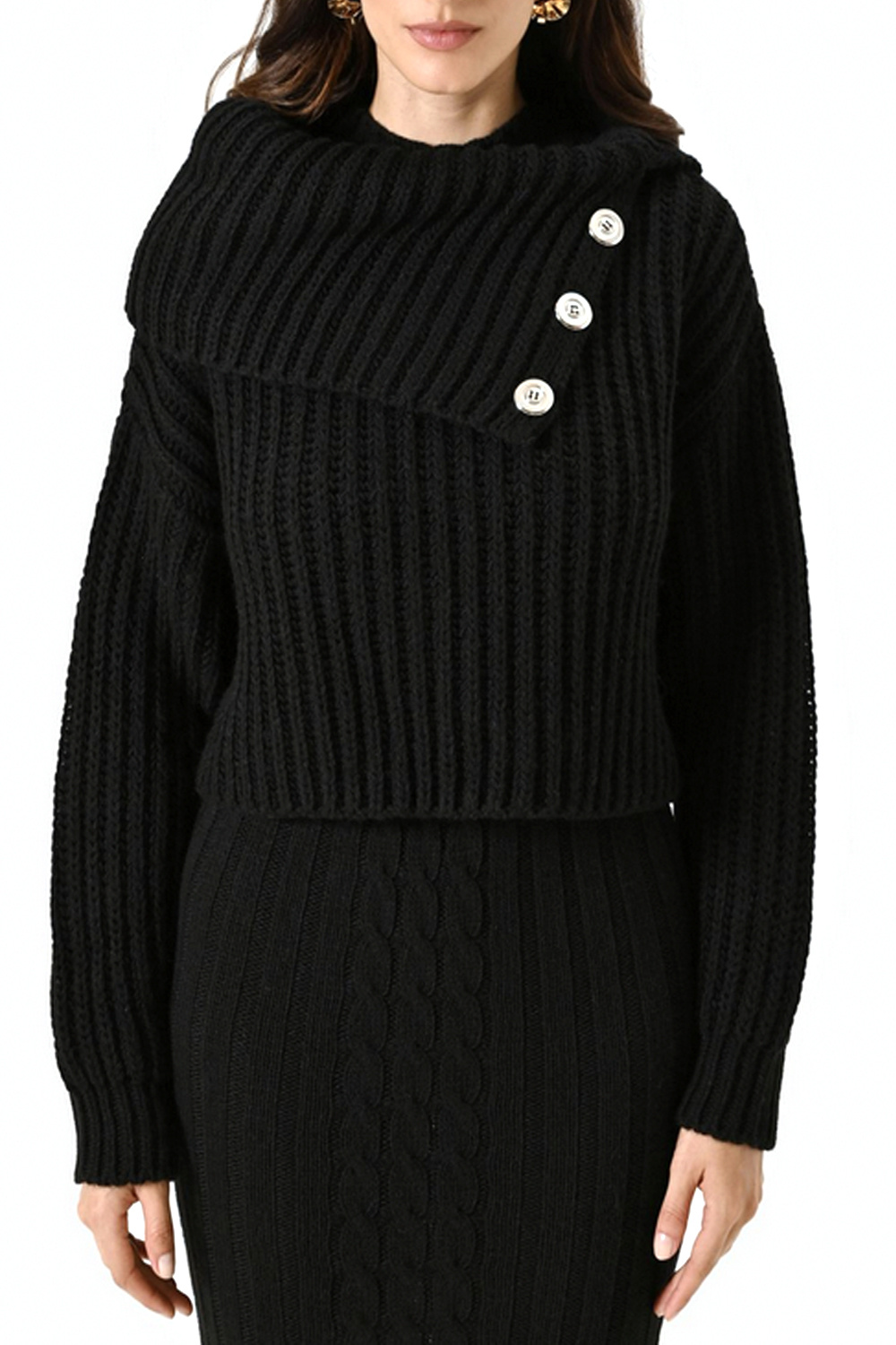 RINASCIMENTO Rinascimento gebreide trui met mooie wijde kraag en knopen ZWART