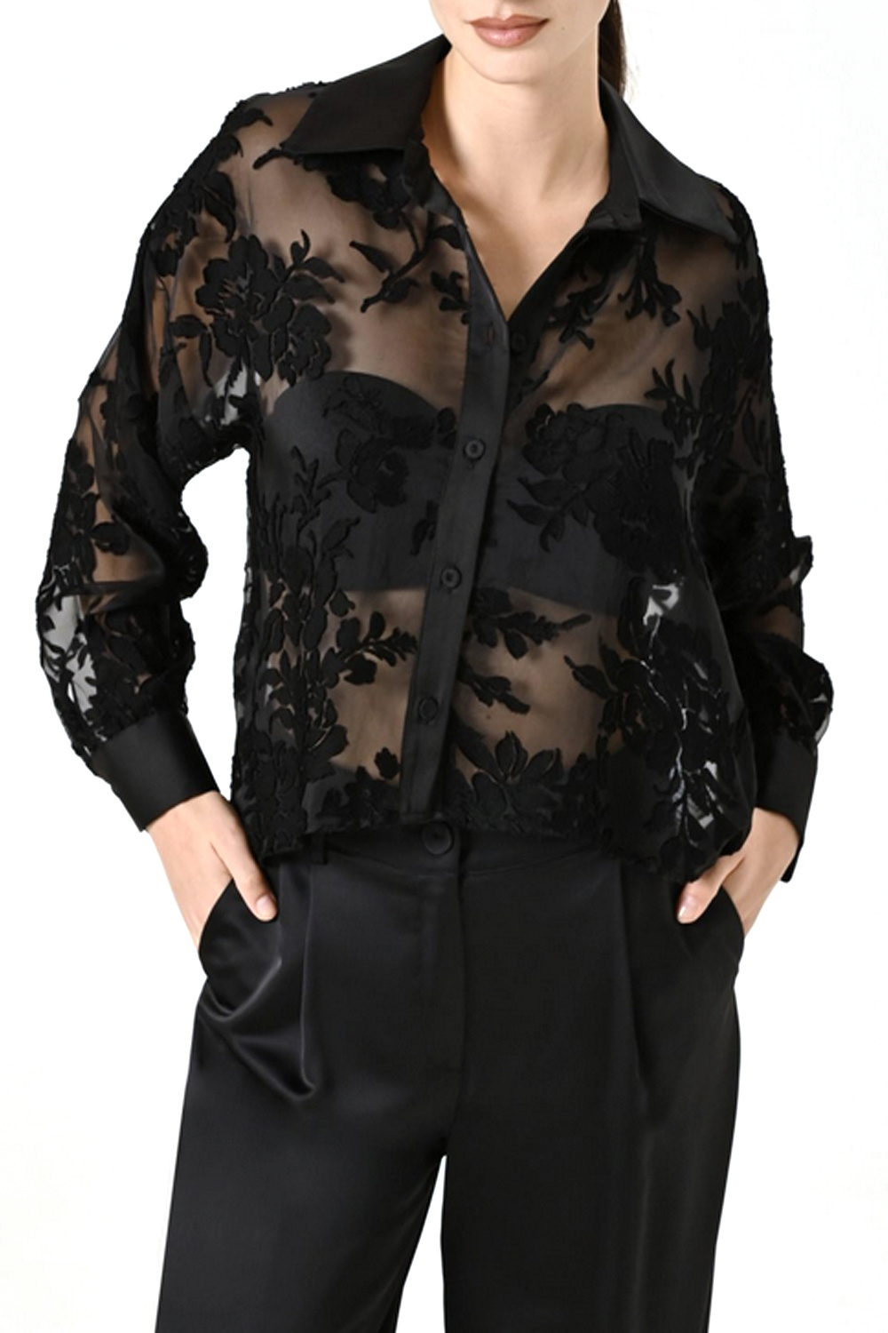 RINASCIMENTO Rinascimento transparante blouse met bloemenprint asymetrisch ZWART