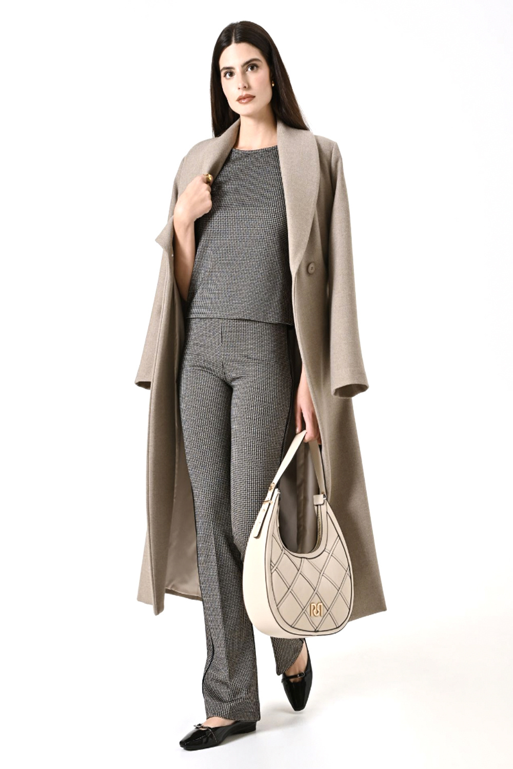 RINASCIMENTO Rinascimento wide trousers with mini houndstooth print, cream with BLACK