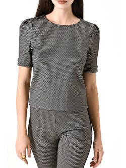 RINASCIMENTO Rinascimento top with small puff sleeves and gold logo houndstooth pattern BLACK