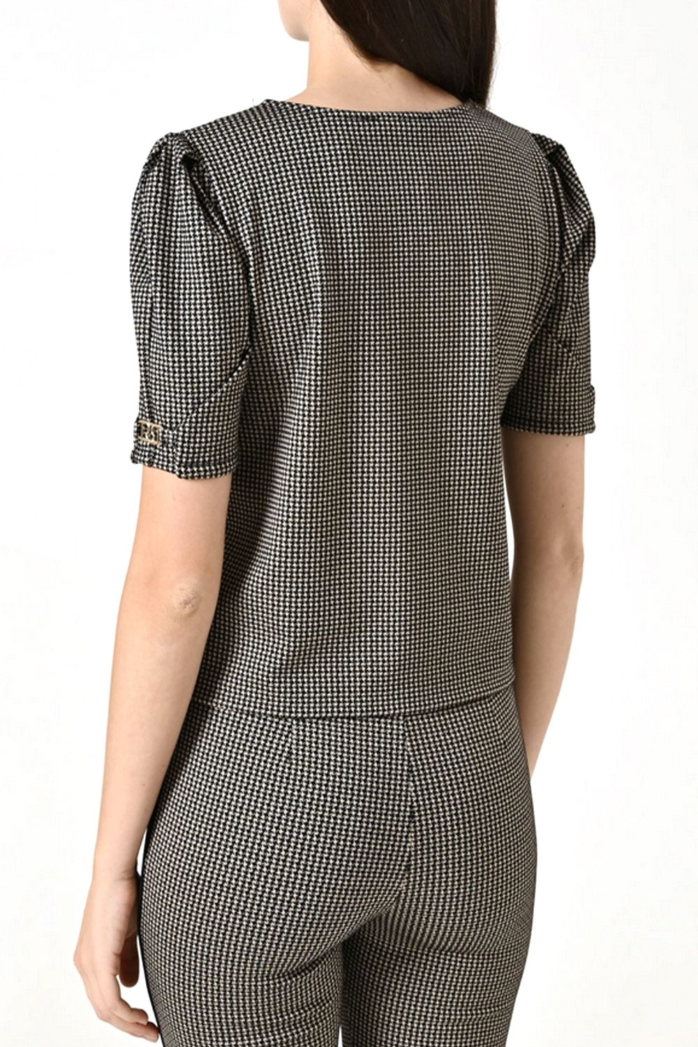 RINASCIMENTO Rinascimento top with small puff sleeves and gold logo houndstooth pattern BLACK