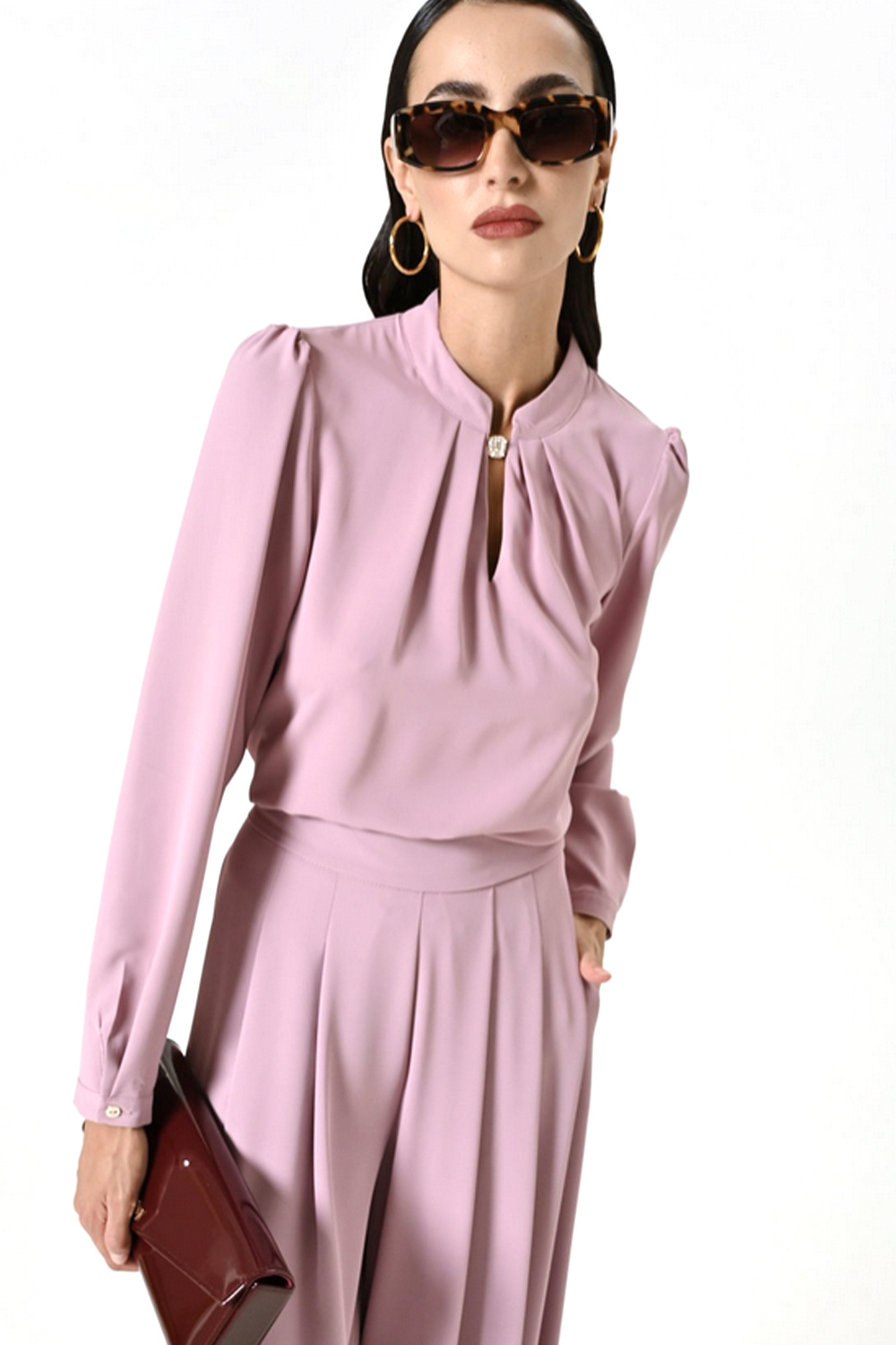 RINASCIMENTO Rinascimento blouse met lichte pofmouw glitter steen bij hals mauve / ROZE