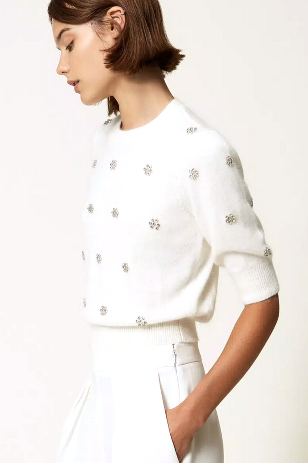 TWINSET Twinset top / angora jumper with rhinestones, cream WHITE