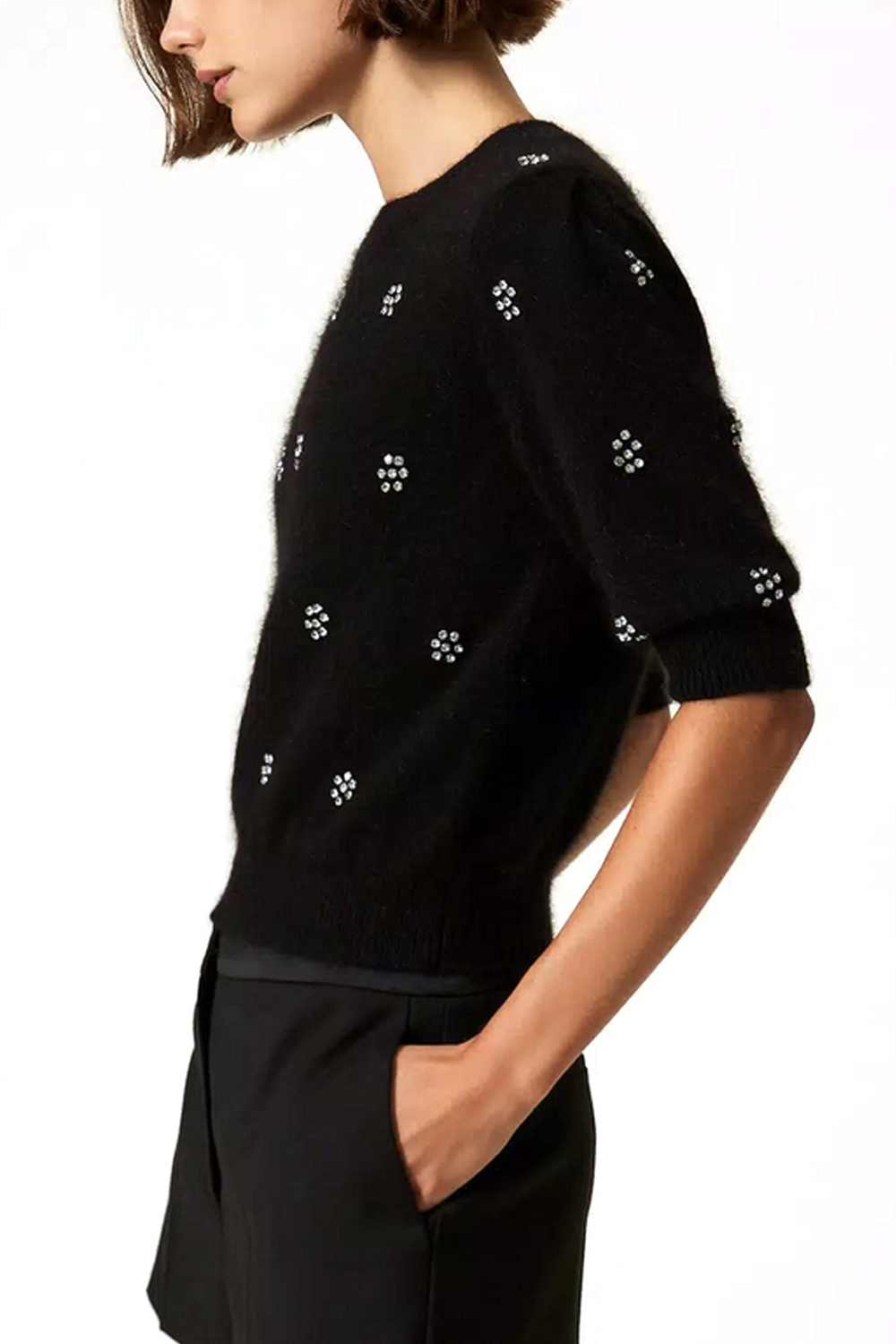 TWINSET Angora twin set top/jumper with rhinestones BLACK