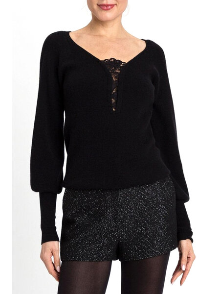TWINSET Twinset trui / top met v hals en kant bij decollete  ZWART