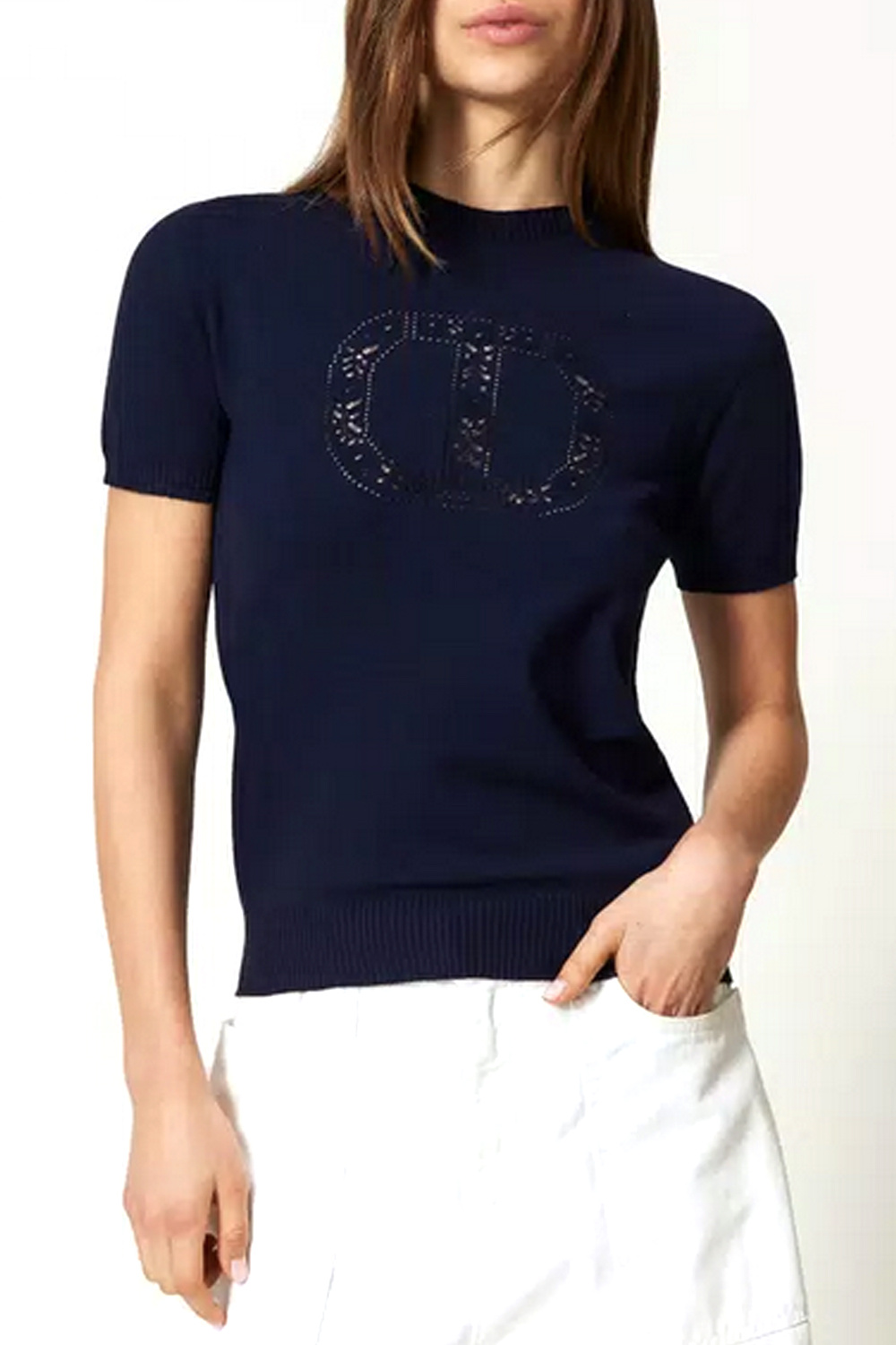 TWINSET Twinset gebreid t-shirt met logo erin geboduurd DONKER BLAUW