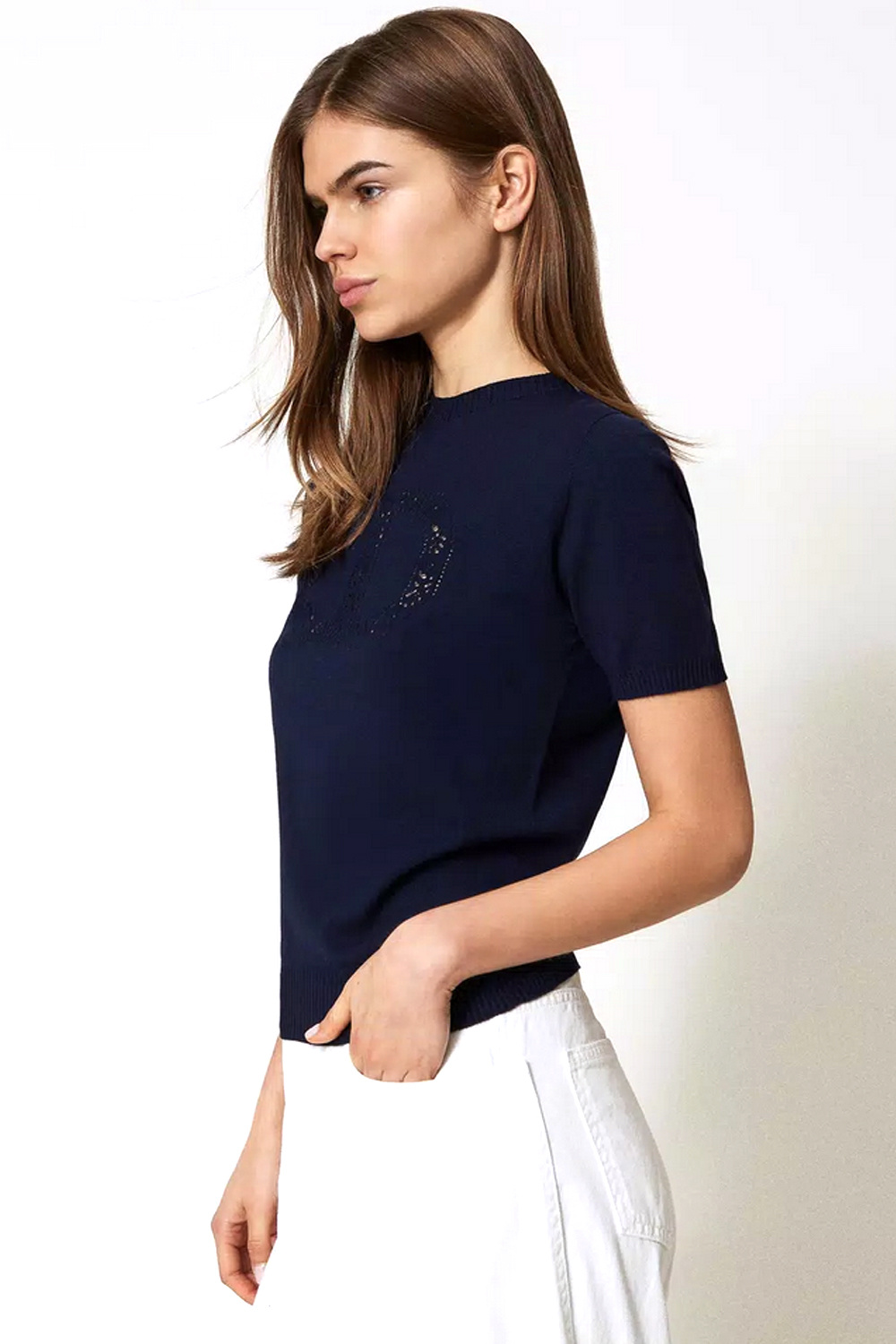 TWINSET Twinset gebreid t-shirt met logo erin geboduurd DONKER BLAUW