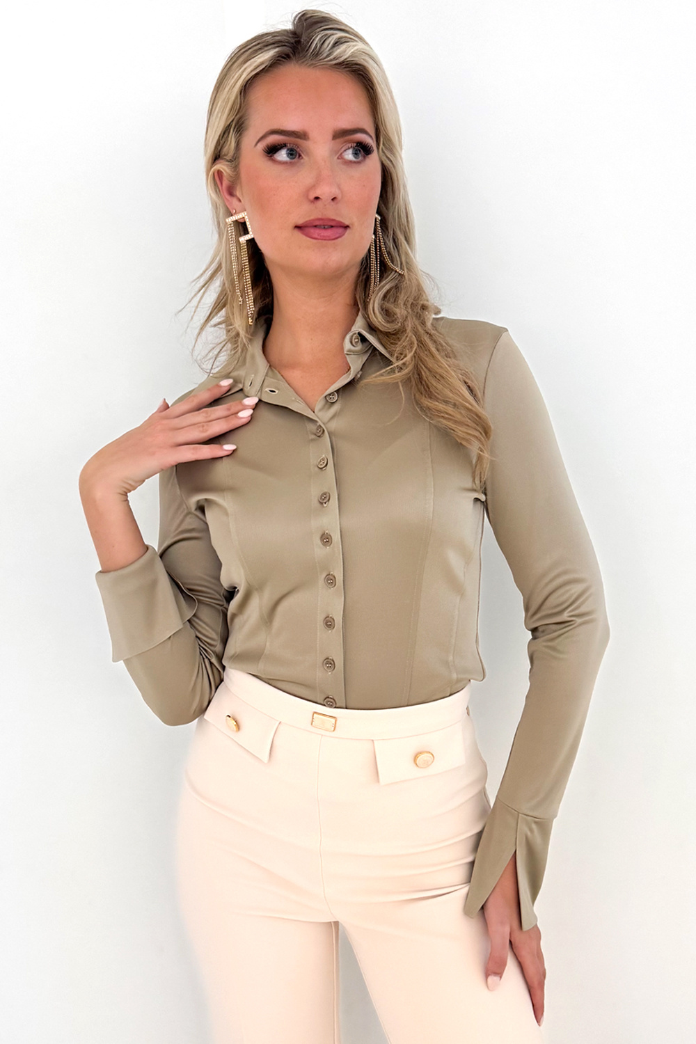 PATRIZIA PEPE Patrizia Pepe shiny blouse with silver logo on the back, light GREEN/BEIGE