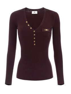 ELISABETTA FRANCHI Elisabetta Franchi geribte top met v hals en borstzakje en gouden details Merlot / Bordeauxrood